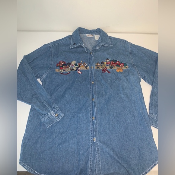 Bobbie Brooks 1990s Women’s Christmas Denim Collared Embroidered Button Up Large - Picture 10 of 16
